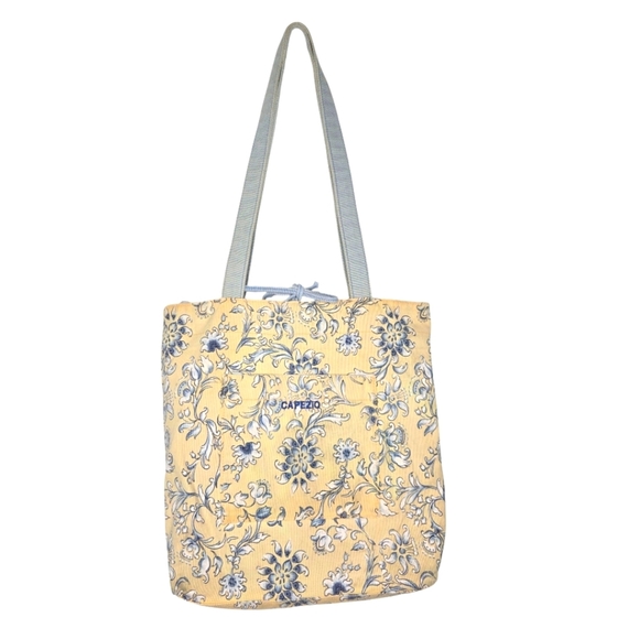 Vintage Capezio Yellow Blue Floral Tapestry Denim Market Beach Tote Bag - Picture 1 of 9
